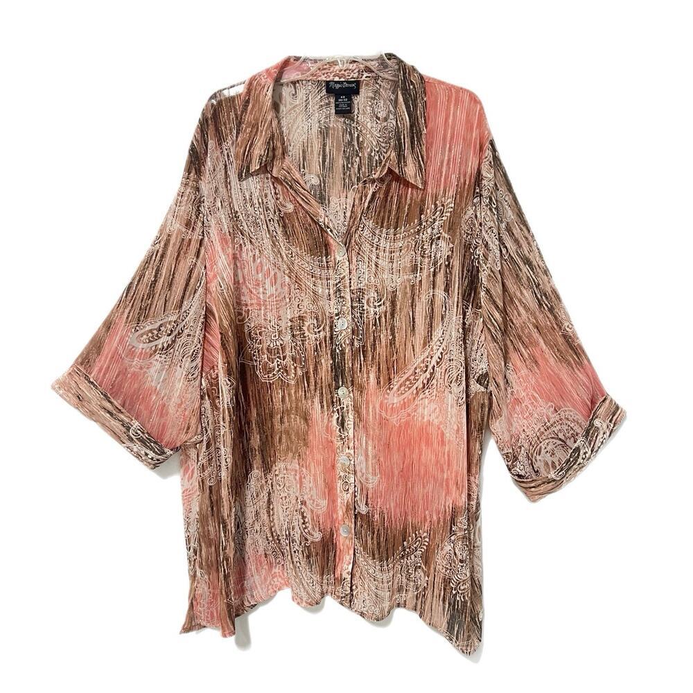 Maggie Barnes Tunic Top 4X 30-32 Semi Sheer Button Front Paisley Peach Brown